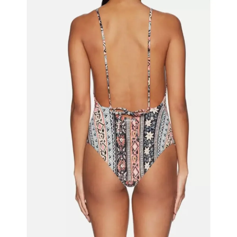 Billabong Moon Dancer Lace-Up One Piece Swimsuit Women's M Multi Boho Print